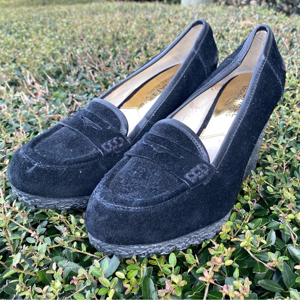 MICHAEL Michael Kors Woman's Rory Loafer Wedge Suede Black Pumps Womens Sz 5.5
